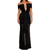 GRMLRPT Women Deep V Neck Ruched Maxi Dress Sexy Off Shoulder Sleeveless Bodycon Gown Cocktail Evening Formal Dresses