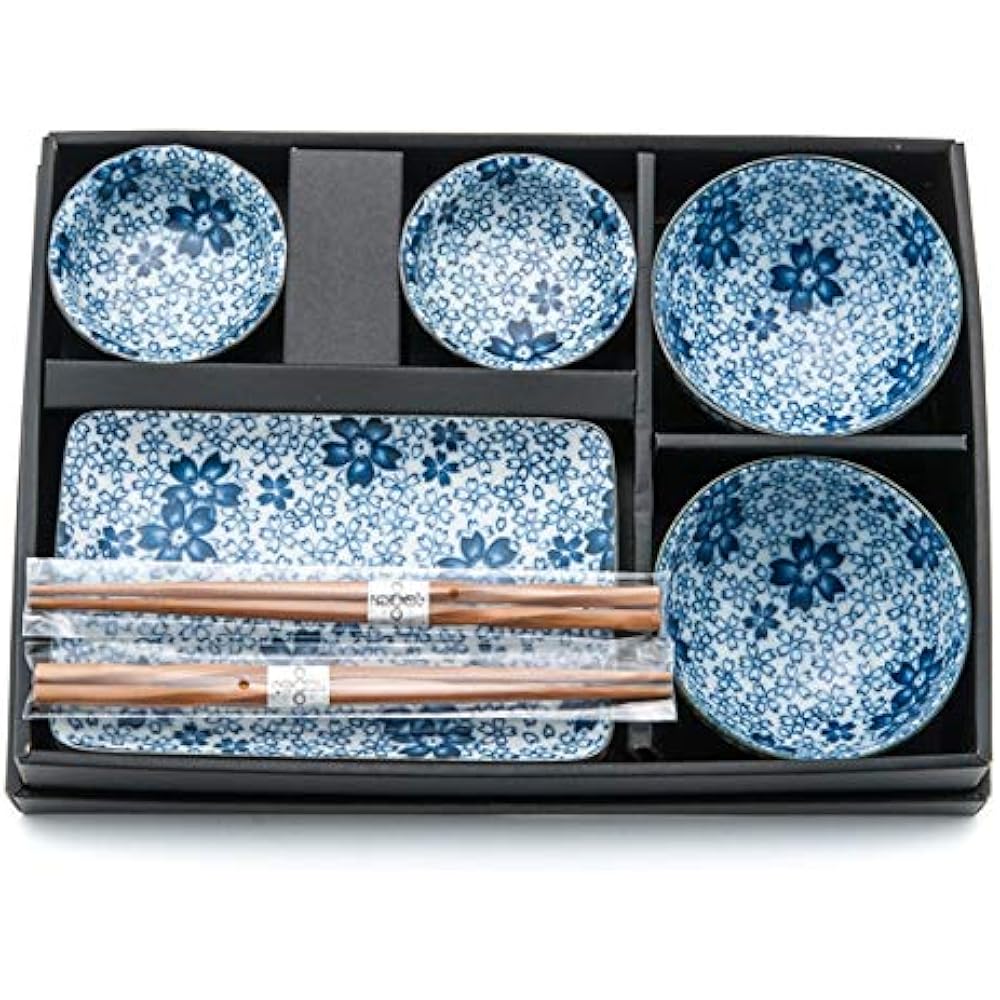 HSDSBLUFLR, 8 Piece Japanese Dinnerware Sushi Plate Set, Blue Floral