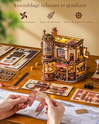 ROBOTIME Wooden 3D Puzzle for Adults to Build - Dream Coffe Factory, Miniature Building Kit with Music, Lights and Animated Scenes, Miniature House/Book Nook Café EAB02