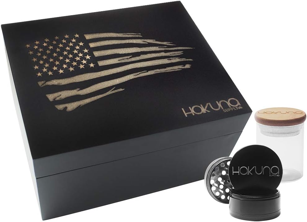 Hakuna Supply Lockable Stash Box - Storage Kit with Sharp Shredder, Glass Jar, Rolling Tray, & 2 Doob Tubes of King Palm Wraps - Engraved Bamboo Lid (Black, Sun & Moon)
