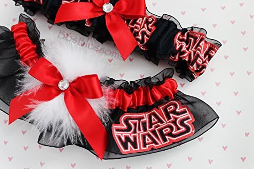 Custom sizing - Star Wars fabric handmade on black sheer organza into keepsake wedding bridal garters - Red garter set with white marabou puff