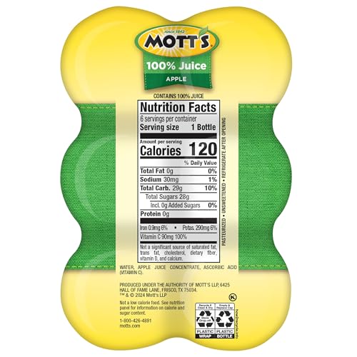 MOTT’S 100% ORIGINAL APPLE JUICE, 8 FL OZ BOTTLES, 24 COUNT (4 PACKS OF 6), 2 SERVINGS OF FRUIT, 100% FRUIT JUICE, GLUTEN-FREE, CAFFEINE-FREE, KOSHER, CONTAINS NO ARTIFICIAL COLORS OR SWEETENERS