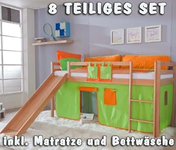 8 Tlg Hochbett Set Buche Massiv Spielbett Kinderzimmer Etagenbett Matratze Amazon De Kuche Haushalt