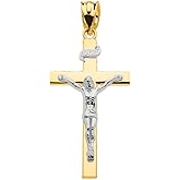 14K Two Tone Gold Linear Cross 1.15" INRI Crucifix Charm Pendant Religious Jewelry
