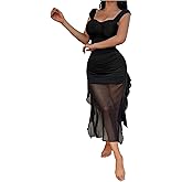 SHENHE Women's Sexy Nightgown Sheer Mesh Ruffle Trim Sweetheart Neck Side Slit Long Nightdress