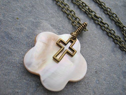 Cross Mother of Pearl Necklace, Wire Wrapped Shell Pendant, Antiqued BRONZE, Handmade Beach Necklace