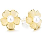 Flower Stud Earrings for Women 18K Gold-Plated Tone with Pearl Center Daisy Design Elegant Floral Jewelry