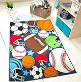 HUAHOO Blue Kids Rug Fun Sport Rugs Nylon Carpet Boys Girls Childrens Rug Balls Print with Soccer Ball, Basketball, Football, Tennis Ball Bedroom Playroom