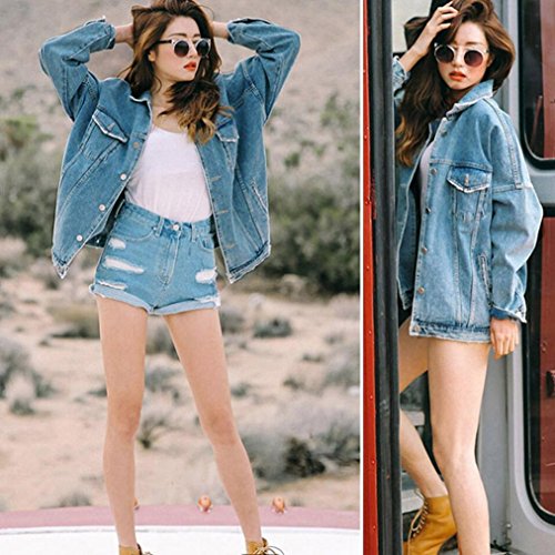UBuyit Women Vintage Boyfriend Style Oversize Loose Denim Jeans Jacket Coat Outwear (Blue, L) - Thumbnail 2