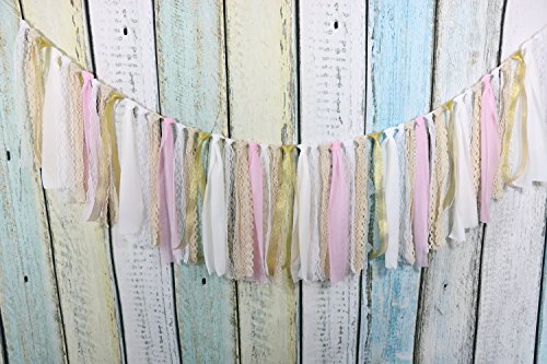 Lace Tassel Garland, Rag Tie Banner Already Assembled For Rustic Wedding Baby Shower Photo Backdrop Party Decor Nursery Decor Girls Birthday Decor Boho Chic Decor Home Decor 5Ft(White+Gold+Pink)