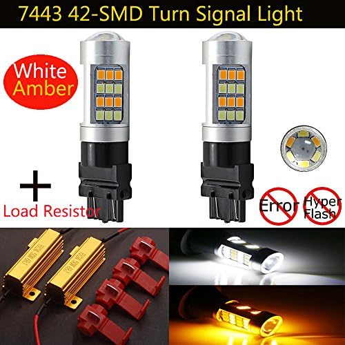 2X T20 7443 2835 42-SMD Dual Color White/Amber Switchback + 2X Load Resistor Turn Signal Light Brake Back Up LED Bulbs