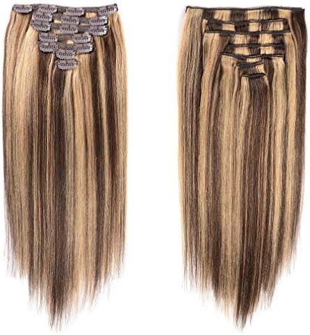 24" Clip in Hair Extensions Human Hair Clip on Remy Hair Extensions for Woman Straight 120g Double Weft 7 Pieces 16 Clips #4/27 Soft Silky Real Brazilian Hair Extensions (24" 120g, 4/27)