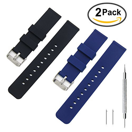KDM Rubber Watch Band Pack of 2-18mm 20mm 22mm Silicone Quick Release Watch Strap Stainless Steel Buckle (Black+Navy Blue, 18mm)