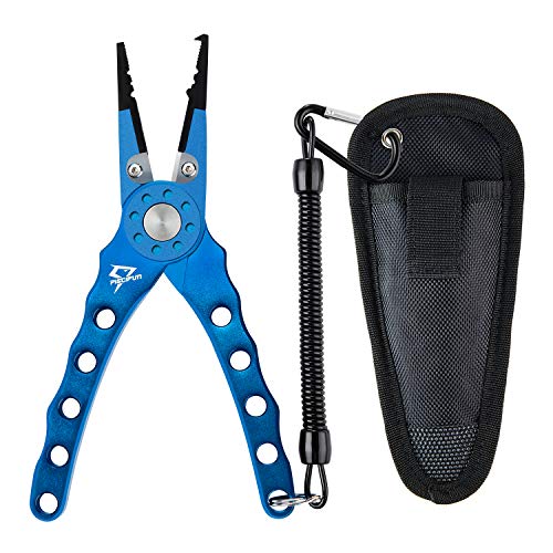 Piscifun Aluminum Saltwater Pliers Split Ring Pliers Hook Remover Braid Cutters Fish Holder with Sheath and Lanyard (Blue 7.87" Pliers)