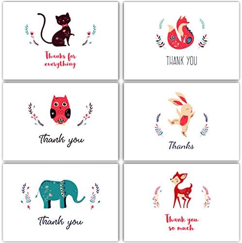 Thank You Cards with Envelopes Bulk Box Set - 60 Note Cards Pack - 6 Animal Designs - Blank Inside - 62 Brown Kraft Paper Envelopes Included