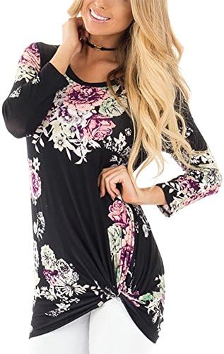 Autumn/Spring Round Collar Floral Printed 3/4 Sleeve Shirt Ladies Black tops-XXL