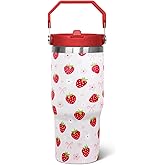 qwpmvhsak 30oz Strawberry Flip Tumbler With Handle Lid and Straw,Strawberry Floral Coffee Mug Cup Water Bottles,Strawberry Themed Gifts for Women，Strawberry Decor Stuff Accessories
