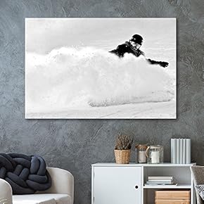 Canvas Wall Art Sports Theme - Skiing in Black White - Giclee Print Gallery Wrap Modern Home Art Ready to Hang - 12x18 inches