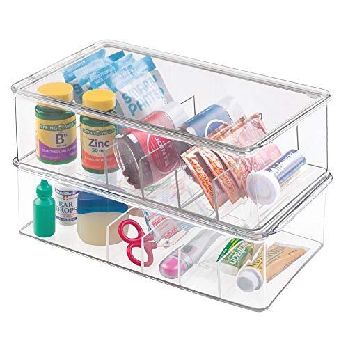 mDesign Stackable Plastic Storage Bin Box with Lid - Divided Organizer for Vitamins, Supplements, Serums, Essential Oils, Medicine Pill Bottles, Adhesive Bandages, First Aid Supplies - 4 Pack - Clear
