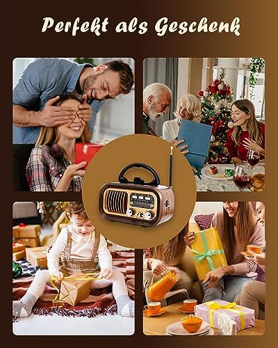 Retro Radio mit Bluetooth, AM/FM/SW Kofferradio, Tragbares Radio mit 1200mAh Akku & D-Batterien, USB/TF, Vintage Radio für Küche, Zuhause, Garten & Camping — Foto 7 von 7