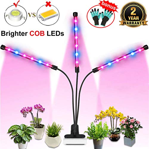 Grow Light, Auto ON Off Every Day with Two-Way Timer 36W Triple Head Grow Lamp for Indoor Plants, High Power LED, 8 Dimmable Levels, 4/8/12H Memory Timing for Hydroponics Greenhouse with 1x Gloves