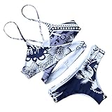 MOOSKINI Women Fashion Floral Printing Bikini Set Two Piece Cross Front Swimwear Swimsuit (L(US Size 6-8), Blue)