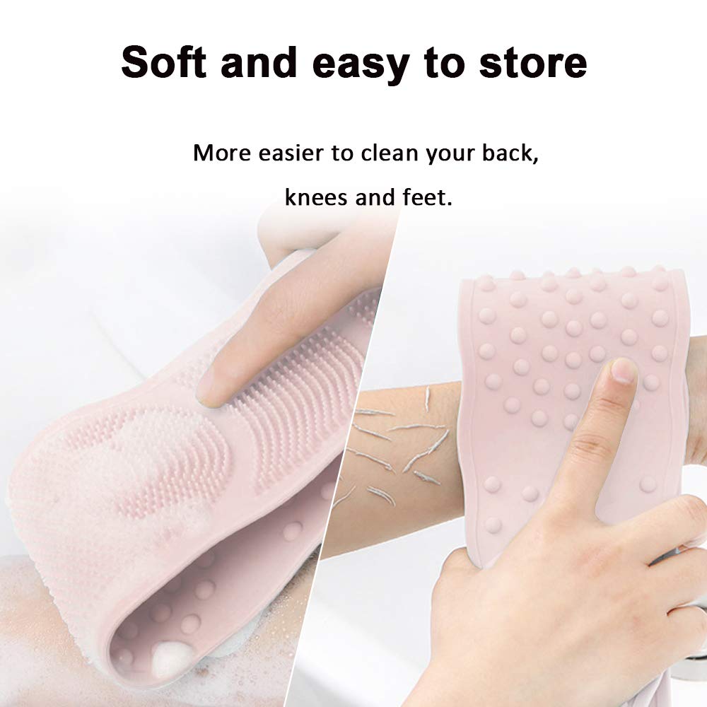 BAIMEI Shower Silicone Back Scrubber, Handle Body Washer, Exfoliating Texture Scrubbing Pad for Shower (Pink) : Beauty