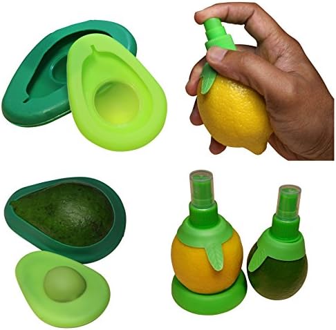 The Ultimate Avocado Saver Set -Two Avocado huggers with Citrus sprayer and holder