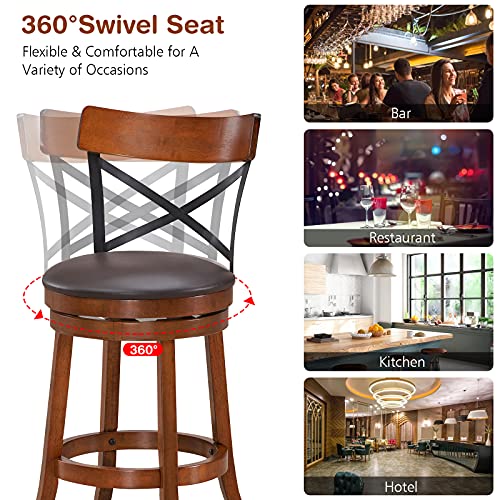COSTWAY Bar Stool Set of 2, 360Degree Swivel Solid Wood Stools with Soft Cushion & Backrest, 29