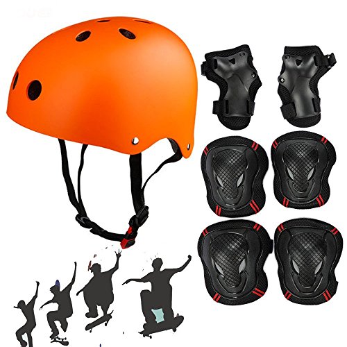Besmall Adjustable Skateboard Skate Helmet with Protective Gear Knee Pads Elbow Pads Wrist Pads for Youth Outdoor Sports, BMX, Skateboard, Bike, Roller, Kid's Protective Gear Set Orange M