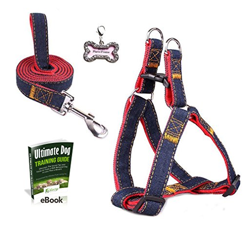 Olivery No-Pull Dog Leash Harness Set & FREE ID Tag, Adjustable Heavy Duty Denim Easy Step in Collar Set for Large/Medium/Small/Extra-Small Pet Training & Everyday Walking, Size S, Red