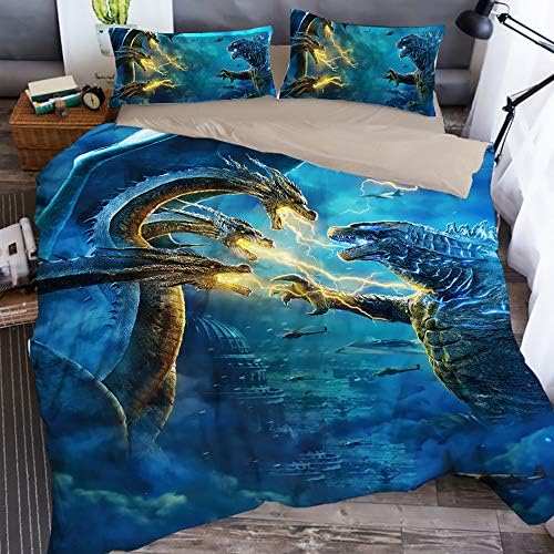 Huli Printed Godzilla Dinosaur Duvet Cover Soft Microfiber 3D Cartoon Bedding Sets with 3 Pieces 1 Duvet Cover 2 Pillowcases, Best Gift for Kids,Queen