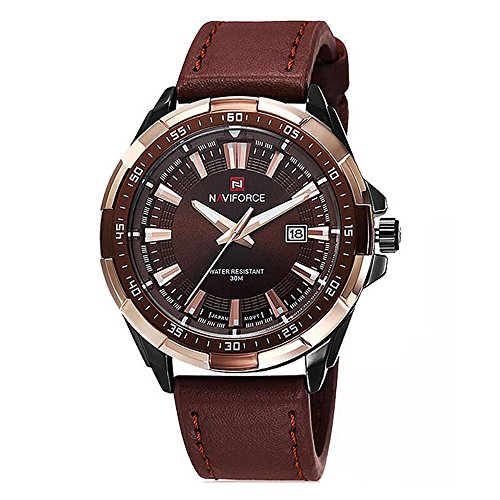 NAVIFORCE Original Genuine Leather Quartz Date Waterproof Sport Men Watch 9056 Black Brown