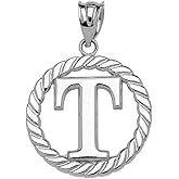 Claddagh Gold 925 Sterling Silver Personalized Roped Circle Initial T Charm Pendant
