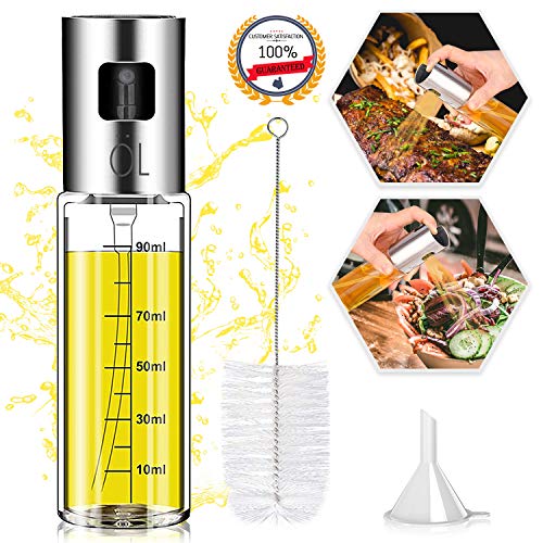 Norbase Olive Oil Sprayer Mister for Cook Refillable Oil and Vinegar Dispenser Glass Bottle with Measurements for BBQ Salad Baking Roasting Grilling Frying Oil Control Diet 100ml with Brush Funnel