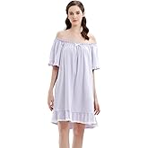 Flwydran Women Cotton Nightdress Short Sleeve Vintage Nightgown Off the shoulder Loose Princess Dressing Gown