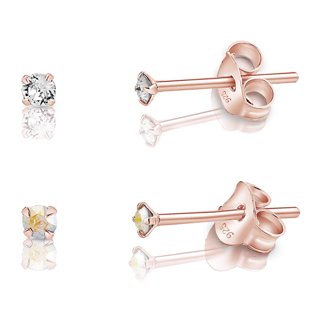 DTPSilver - Set of 2 PAIRS of 925 Sterling Silver Rose Gold plated Round TINY Stud Earrings made with Glittering Crystals from Swarovski® Elements - Diameter: 2 mm - Colour : Aurora Borealis
