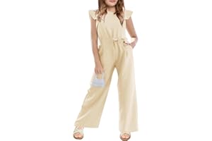 CharmWM Girls Casual Jumpsuit Kids Fashion Cap Sleeve Belted Wide Leg Romper One Piece Outfits with Pockets
