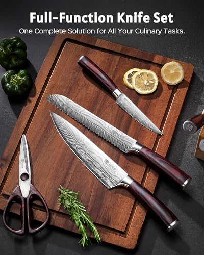 PAUDIN 14 piezas Conjunto de cuchillo de cocina con bloque, conjunto de cuchillo de cocinero afilado de acero inoxidable alemán de alto carbono con mango ergonómico Pakkawood