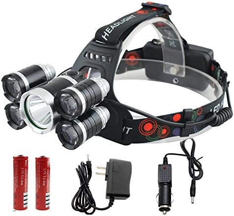 5 Led Bulbs Cree XML-T6 10000 Lumens Headlight + 4R5 4 Mode 18650 Rechargeable Waterproof Headlamp Super Bright Adjustable Headlamp for Outdoor Hiking Camping Riding Fishing Hunting