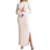 KUTUMAI Long Sleeve Cutout Slit Formal Wedding Guest Dresses for Women 2025 Fall Elegant Bodycon Ruched Maxi Dress