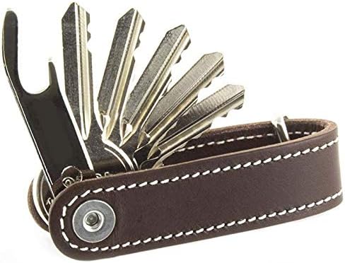 Compact Key Organizer Keychain - 100% Real Leather Key Holder - Secure Locking Mechanism - Pocket Key Chain up to 10 Keys & Tools - EDC Stainless Steel Multitool, Bottle Opener, Screwdriver Brown