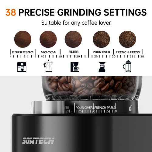 SOWTECH Antistatic Conical Burr Coffee Grinder, Adjustable Burr Mill with 38 Precise Grind