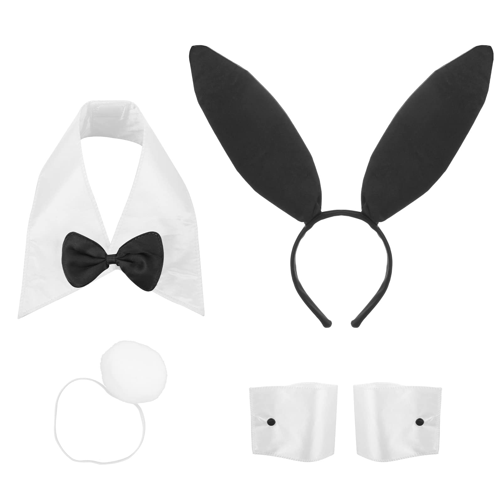 Yolev Easter Bunny Costume Set, Bunny Ears Headband Bow Tie Cuffs Rabbit Tail, White Rabbit Costume for Easter Party