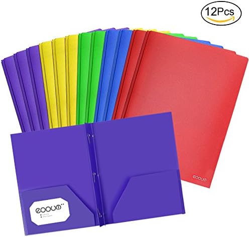 EOOUT 12pcs Letter Size 2 Pockets Poly Portfolio Folder with 3 Prong Fasteners, Heavy Duty Folder, 5 Colors