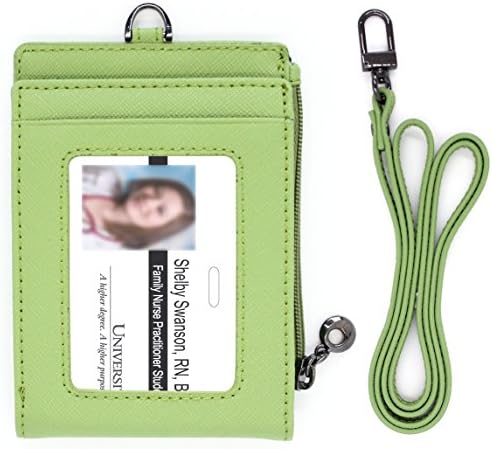 Genuine Leather Bifold ID Badge Window Holder Card Neck Strap Wallet Bill Money Case Zipper Landyard Women (Green)