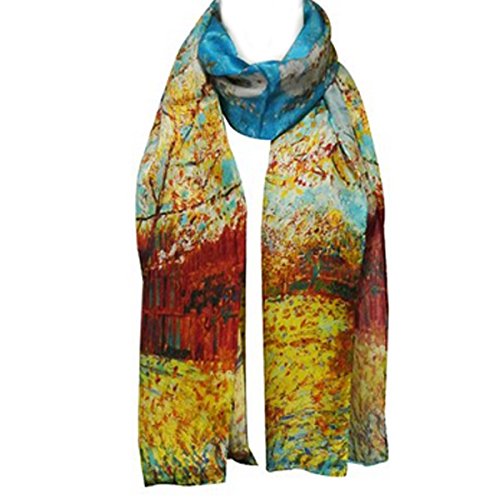 Wrapables Luxurious 100% Charmeuse Silk Long Scarf with Hand Rolled Edges, Van Gogh's Peach Tree in Bloom