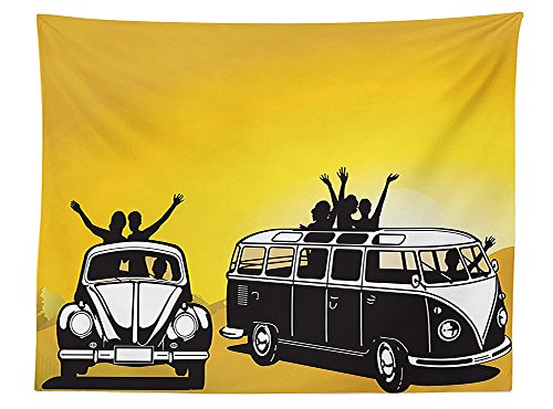 vipsung 1960s Decor Tablecloth Traveling in the Sixties Hippy Car Transport Vehicle Hitchhiking Camping Freedom Lifestyle Dining Room Kitchen Rectangular Table Cover