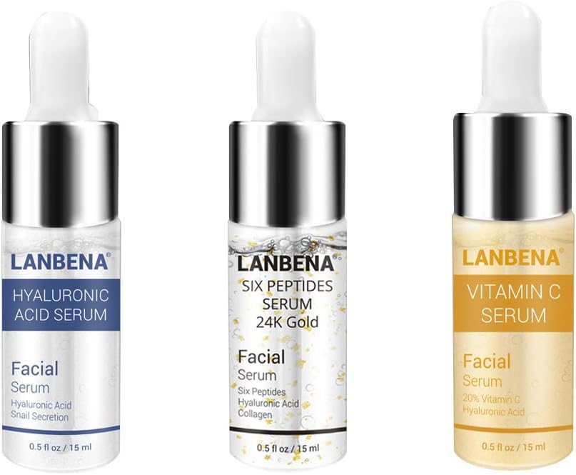 Lebeaut 3 PCS in A Set LANBENA Vitamin C Serum + Six Peptides Serum 24K Gold + Hyaluronic Acid Serum Anti-Aging Moisturizing Skin Care Whitening Brightening Product