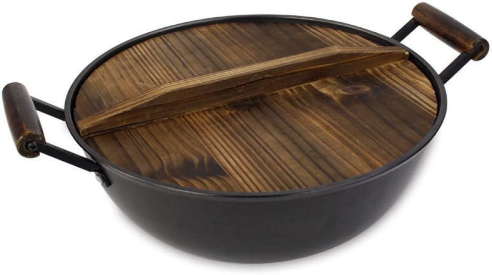 Cast Iron Wok Pan Multi-Purpose Deep-Frying Pan for Thickening Stainless Steel Pot with Fir Cover Large Wok,34CM
